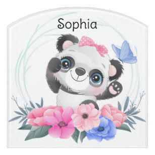 Plaque De Porte Cute Baby Panda Flower Wreath Nom personnalisé