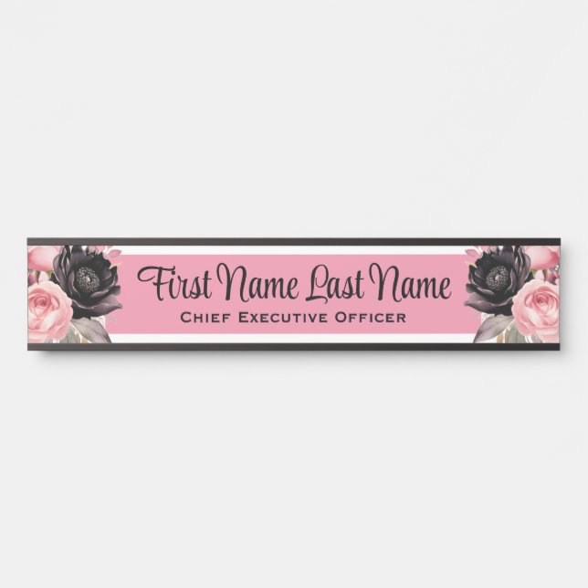 Plaque de porte de bureau à fleurs rose noir avec  (Devant)