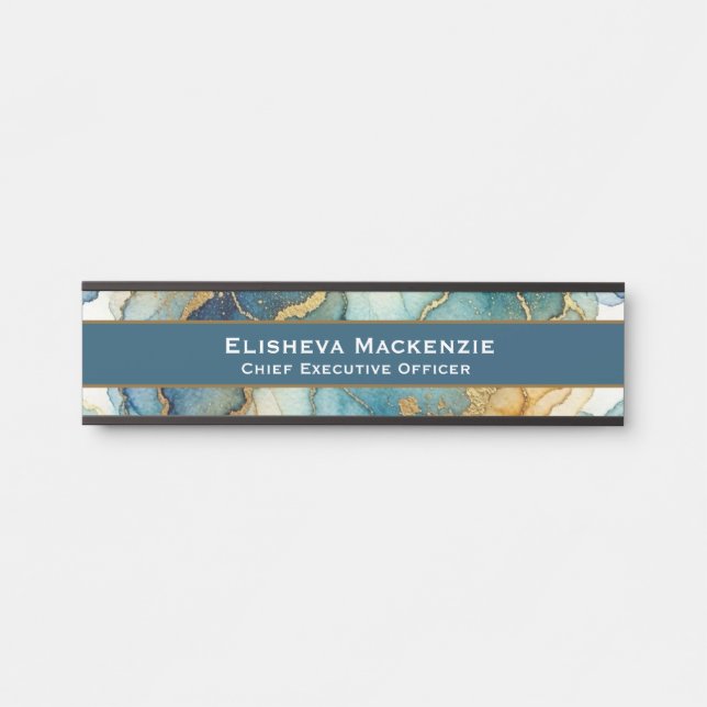 Plaque de porte de bureau en marbre bleu et or (Devant)