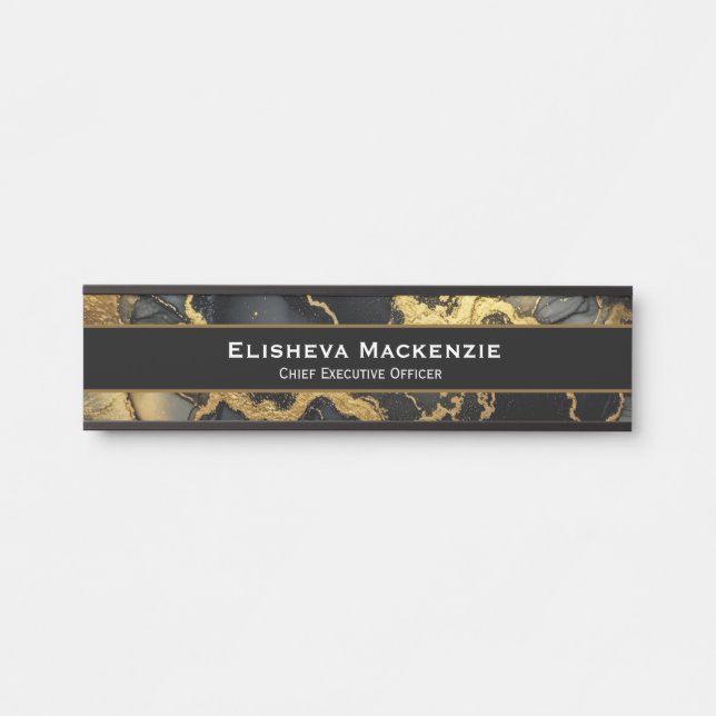 Plaque de porte de bureau en marbre noir et or (Devant)