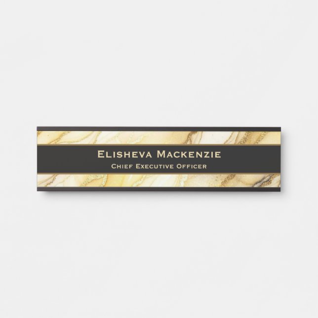 Plaque de porte de bureau en marbre noir et or (Devant)