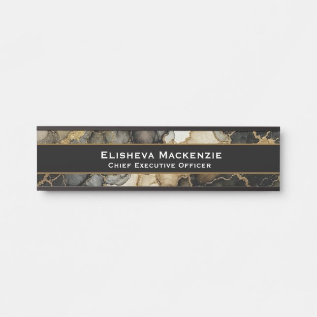 Plaque de porte de bureau en marbre noir et or (Devant)