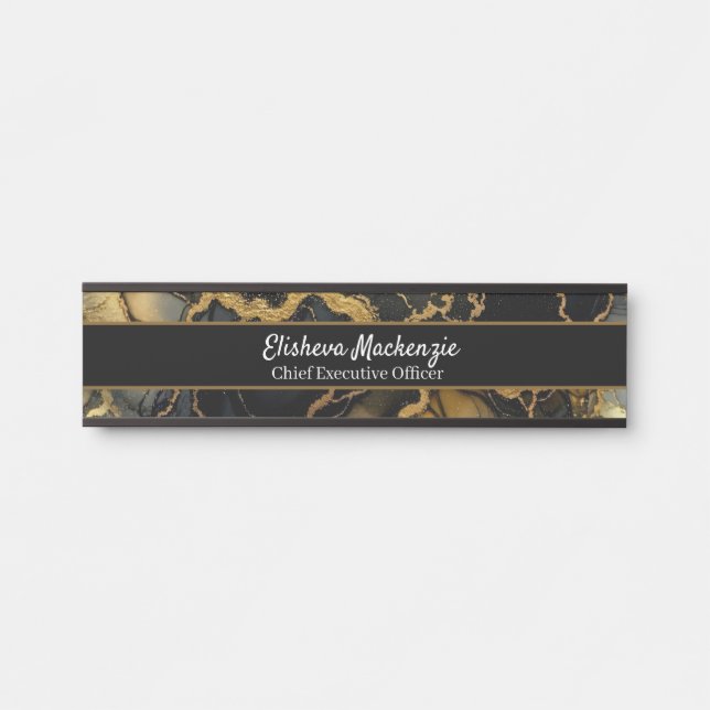 Plaque de porte de bureau en marbre noir et or (Devant)