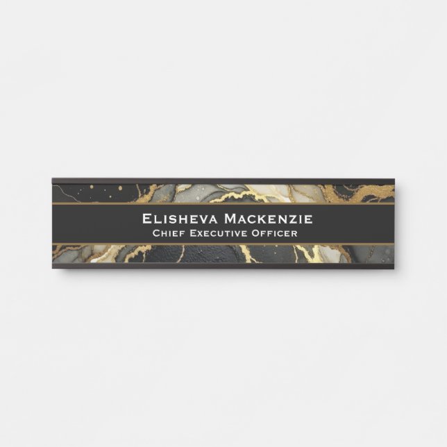 Plaque de porte de bureau en marbre noir et or (Devant)
