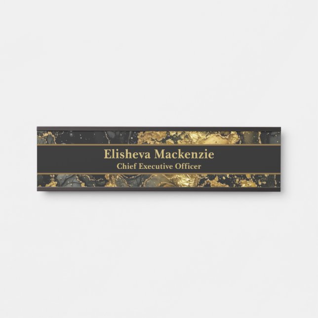 Plaque de porte de bureau en marbre noir et or (Devant)