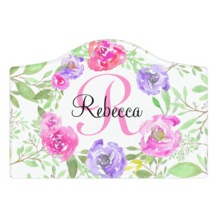 Plaque De Porte Monogramme d'aquarelle florale de Peony rose