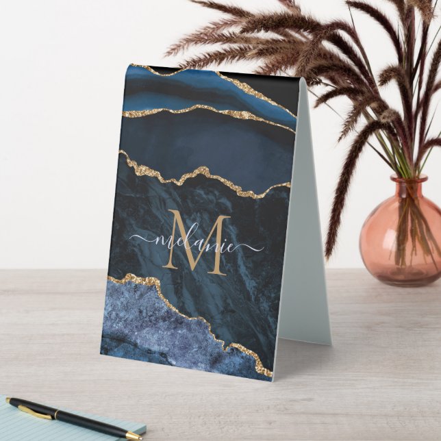 Plaque De Table Agate Marine Blue Gold Gemstone Marble Nom du mono (En SItu (Tableau))