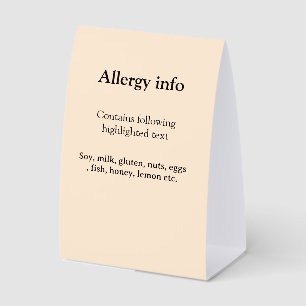 Plaque De Table Alerte d'allergie alimentaire ajouter un nom aux a