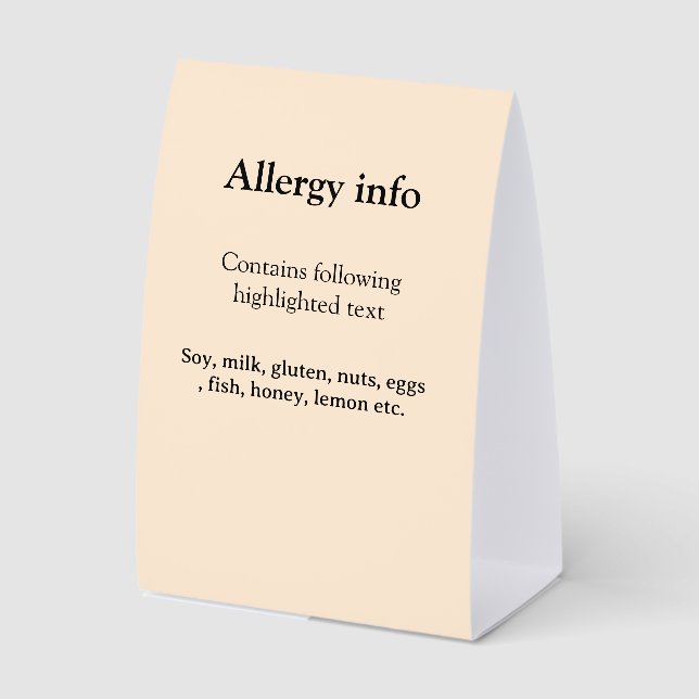 Plaque De Table Alerte d'allergie alimentaire ajouter un nom aux a (Recto)