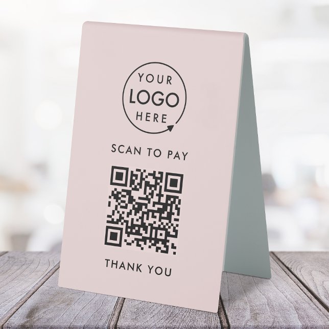 Plaque De Table Analyser le code QR pour payer | Logo d'entreprise (Interactive "scan to pay” QR code cash wrap table signs for electronic payment transactions.)