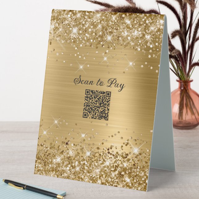 Plaque De Table Analyser pour payer QR Code Glittery Gold Glam (En SItu (Tableau))
