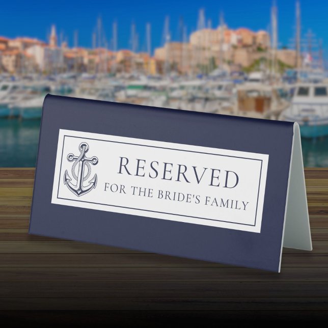 Plaque De Table Ancre Bleue Marine Mariage nautique Réservé (Navy Blue Anchor Nautical Wedding Reserved Table Tent Sign)