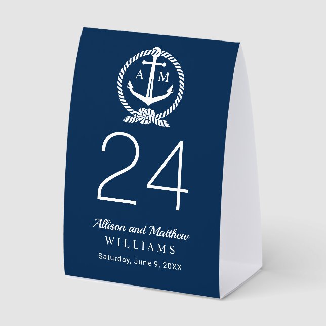 Plaque De Table Ancre de mariage bleu marine nautique monogramme (Recto)