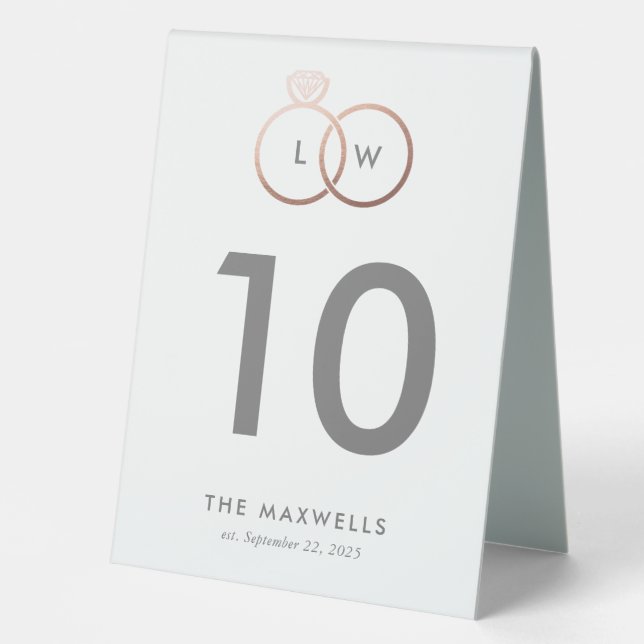 Plaque De Table Anneaux de Mariage or Rose moderne Numéro de table (Recto)