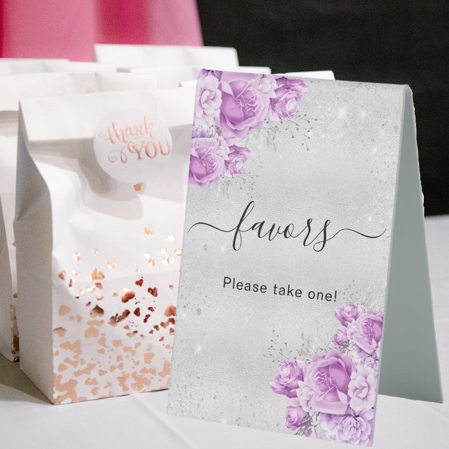 Plaque De Table Anniversaire argent rose violet fleurs faveurs (Créateur téléchargé)