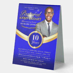 Plaque De Table Anniversaire pastoral Bleu & Gold Church