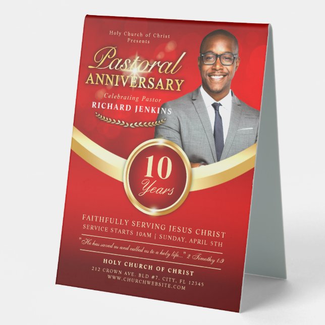 Plaque De Table Anniversaire pastoral Red & Gold Church Événement (Recto)