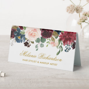 Plaque De Table Aquarelle Burgundy Blue Floral Gold Name Sign