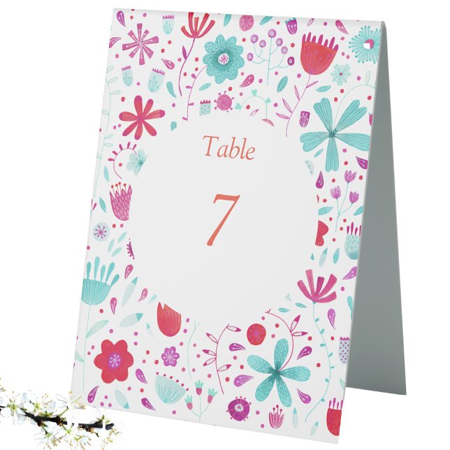 Plaque De Table Aquarelle Flower Meadow Turquoise (Modern floral watercolor table number tent sign)