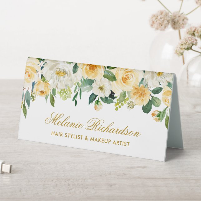 Plaque De Table Aquarelle Jaune Blanc Floral Or Nom Signal (En SItu (Tableau))