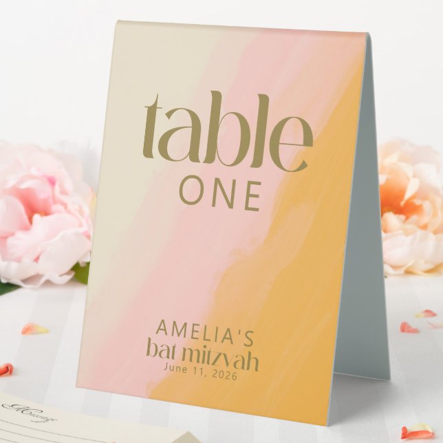 Plaque De Table Aquarelle moderne rose jaune Bat mitzvah modifiabl (In SItu (Mariage))