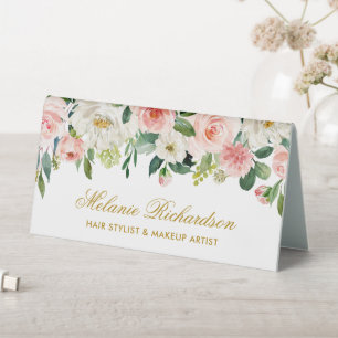 Plaque De Table Aquarelle rose blanc Floral Or Nom Signal