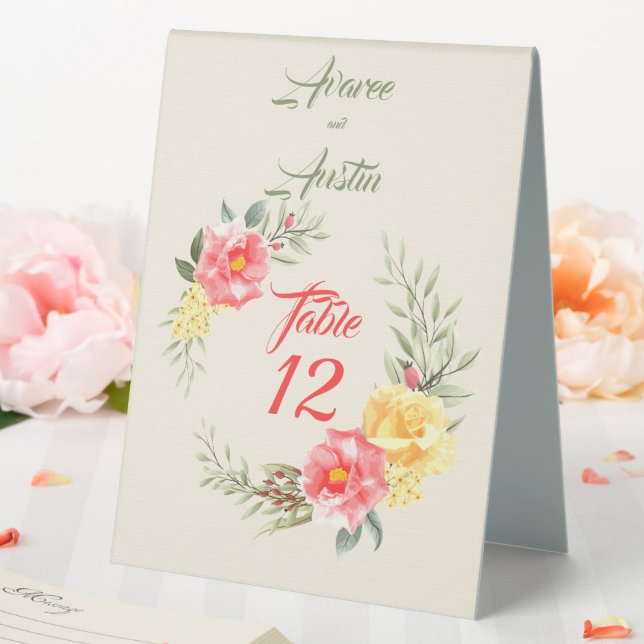 Plaque De Table Aquarelle rose et jaune Roses (In SItu (Mariage))