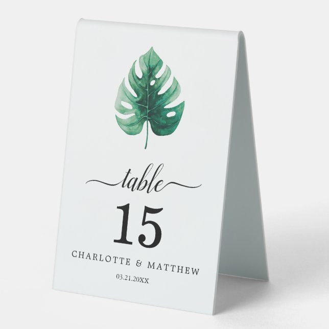 Plaque De Table Aquarelle tropicale simple Mariage vert botanique (Recto)