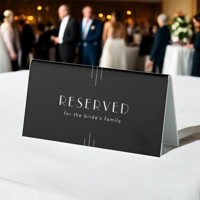 Plaque De Table Art Déco Mariage Noir TOUS modernes Réservé (EVERLY Modern Art Deco Black Wedding Reserved Table Tent Sign)