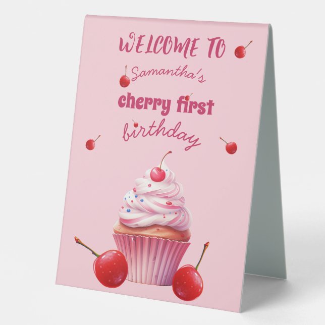 Plaque De Table Baby First Cherry & Cupcake fête d'anniversaire (Recto)