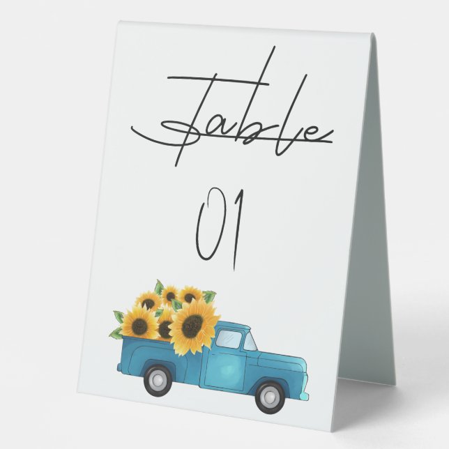 Plaque De Table Baby Shower Camion Aquarelle avec Tournesols  (Recto)