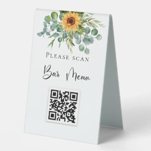 Plaque De Table Barre menu QR code tournesols eucalyptus verdure