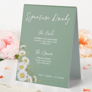 Plaque De Table Basil Green & White Daisies Signature Boissons