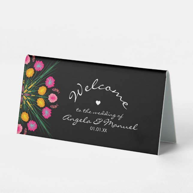 Plaque De Table Bienvenue Fleurs Papillon Mariage Mexicain  (Recto)