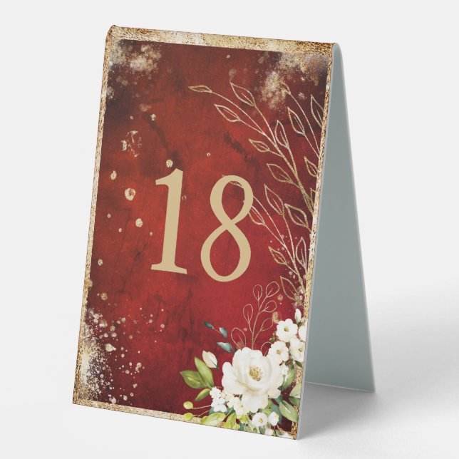 Plaque De Table Blanc Floral Or Botanique Rouge (Recto)