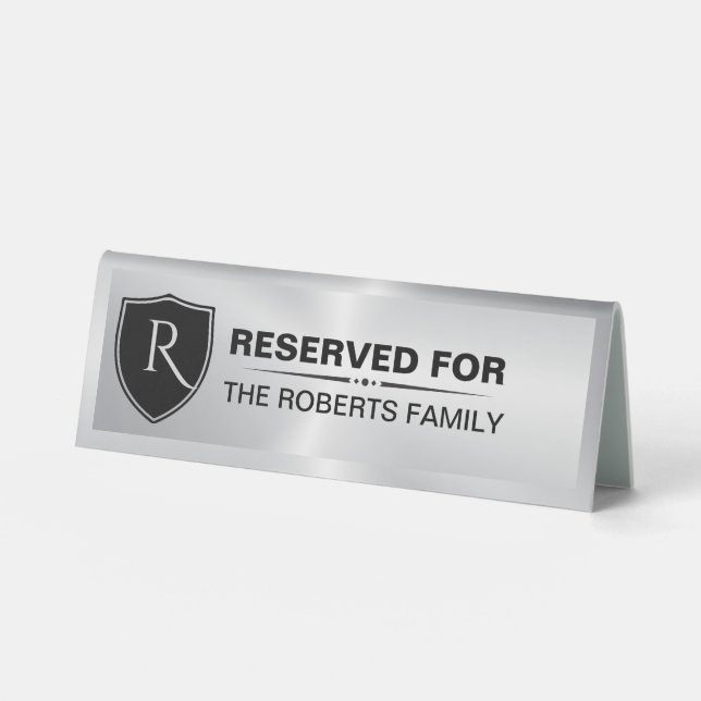 Plaque De Table Blason de Famille Réservé Monogramme Argent Métall (Recto)