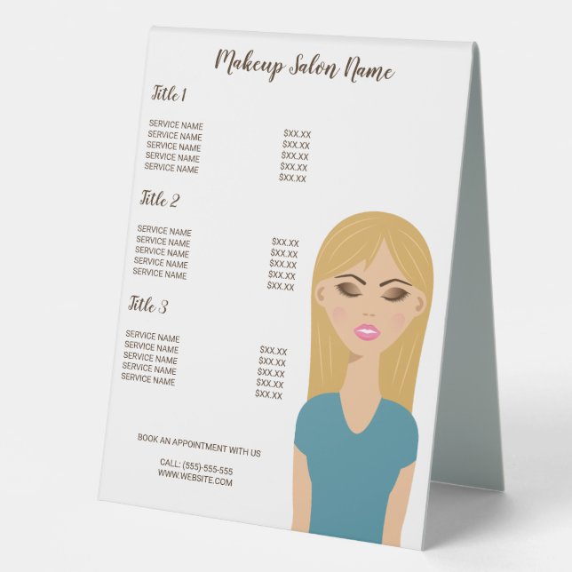 Plaque De Table Blonde Coiffeuse avec maquillage - Menu Artiste ma (Recto)