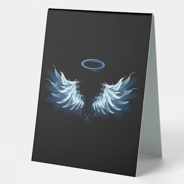 Plaque De Table Blue Glowing Angel Wings on black background (Recto)