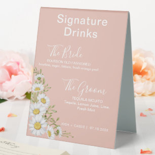 Plaque De Table Blush Rose & White Daisies Signature Boissons