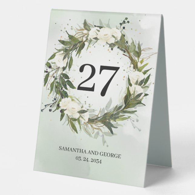 Plaque De Table Boho verdure feuillage olivier couronne roses blan (Recto)