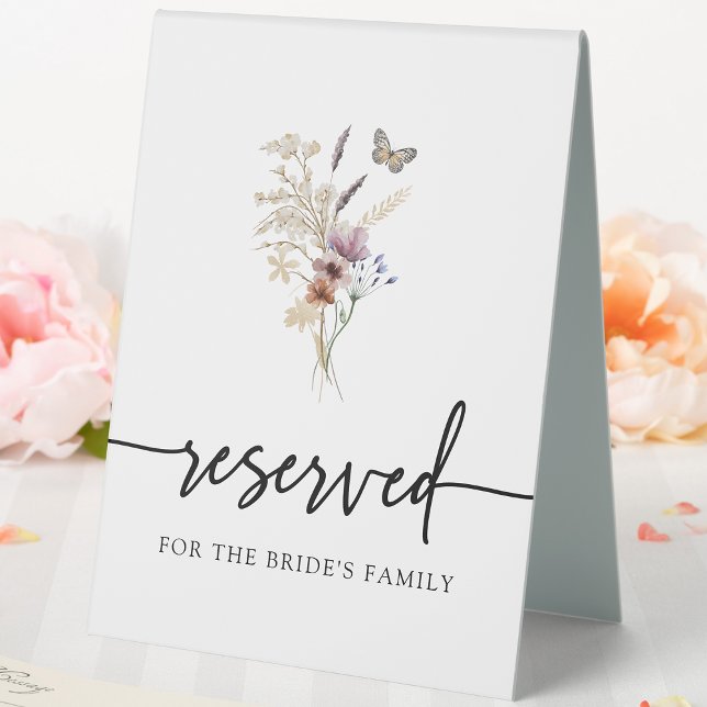 Plaque De Table Boho Wildflower Réservé (Boho White Wildflower Reserved Table Tent Sign with Butterfly by Painted Paperie
)
