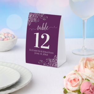 Plaque De Table Boucles d'argent Plum Purple Mariage Numéro de tab