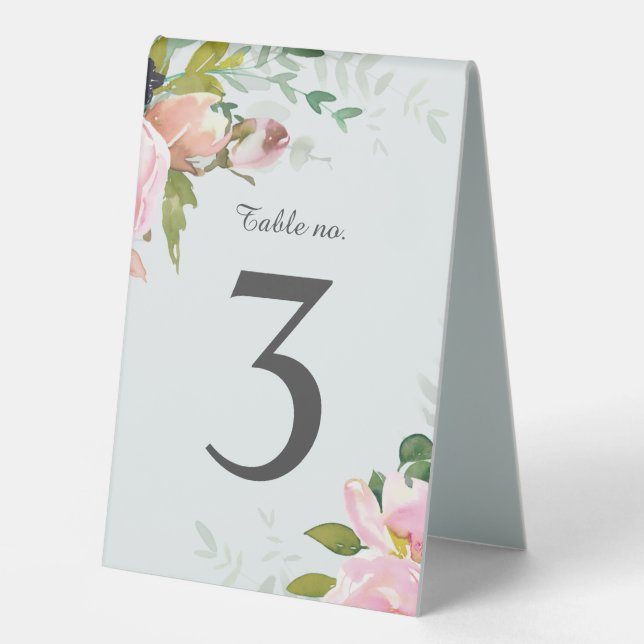 Plaque De Table Bouquets de fleurs rose pâle sur le bleu clair Nom (Recto)