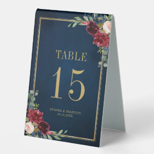 Plaque De Table Burgundy Navy Blush Floral Gold Numéro de la table