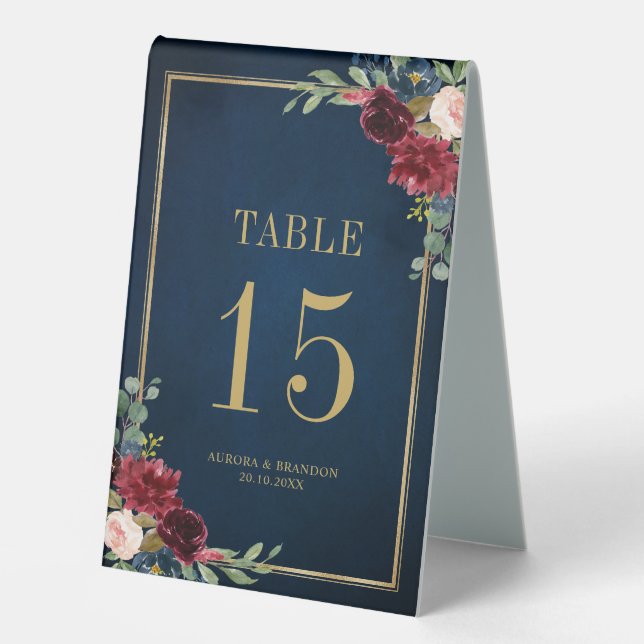 Plaque De Table Burgundy Navy Blush Floral Gold Numéro de la table (Recto)