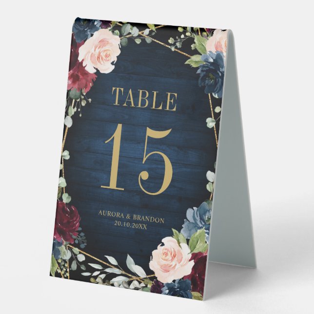 Plaque De Table Burgundy Navy Blush Floral Gold Numéro de la table (Recto)