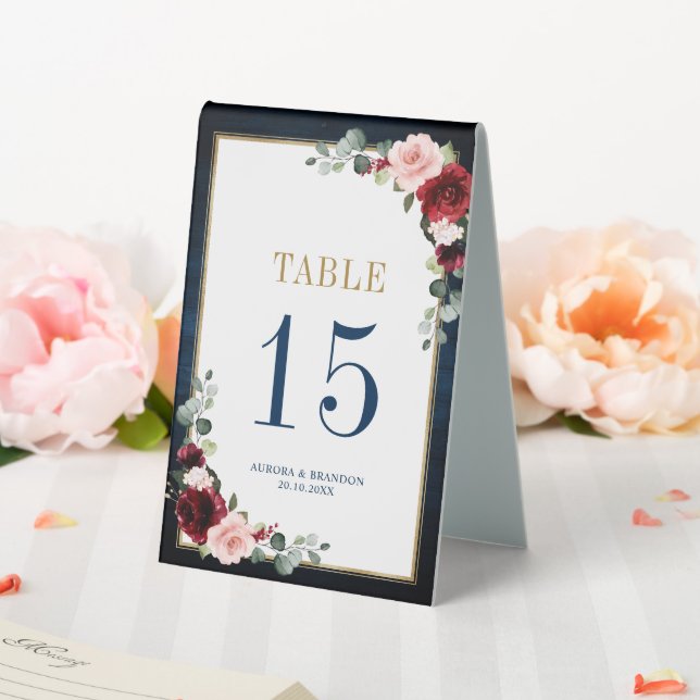 Plaque De Table Burgundy Navy Blush Floral Gold Tableau (In SItu (Mariage))