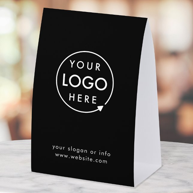 Plaque De Table Business Tabletop Sign | Black Logo Pedestal Sign (Sleek black company branded professional paper table tent signs for small business promotion.)
