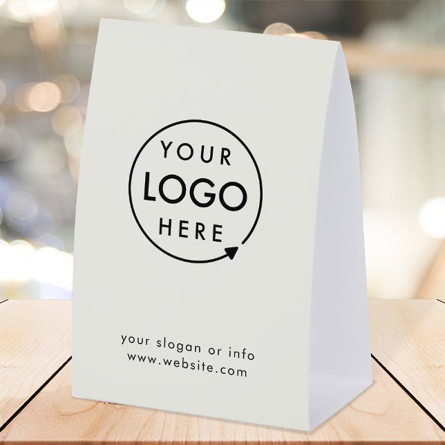 Plaque De Table Business Tabletop Sign | Gray Logo Pedestal Sign (Company branded professional paper table tent signs for small business promotion.)