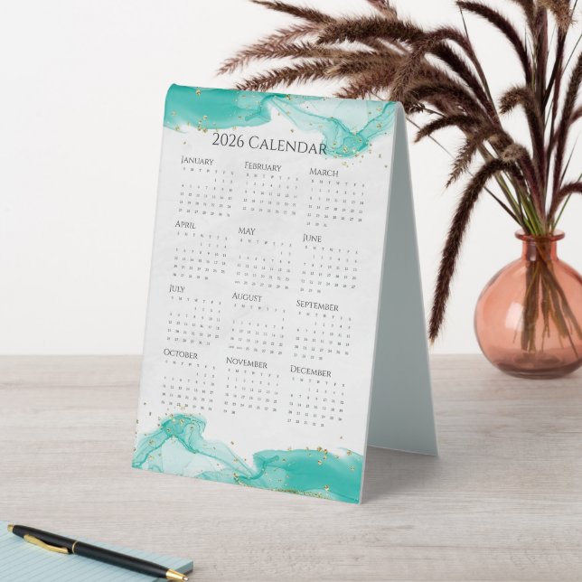 Plaque De Table Calendrier 2026 Vagues marbrées Tropical Turquoise (En SItu (Tableau))